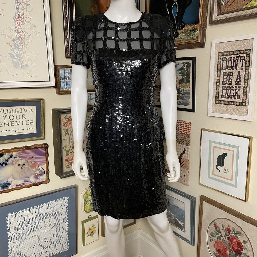 80s Vintage AJ Bari Black 100% Silk Short Sleeve Sequined Cocktail Dress